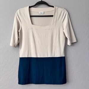 Akris Punto Colorblock Top Square Neck Elbow‎ Sleeve Knit Beige Blue Size 8